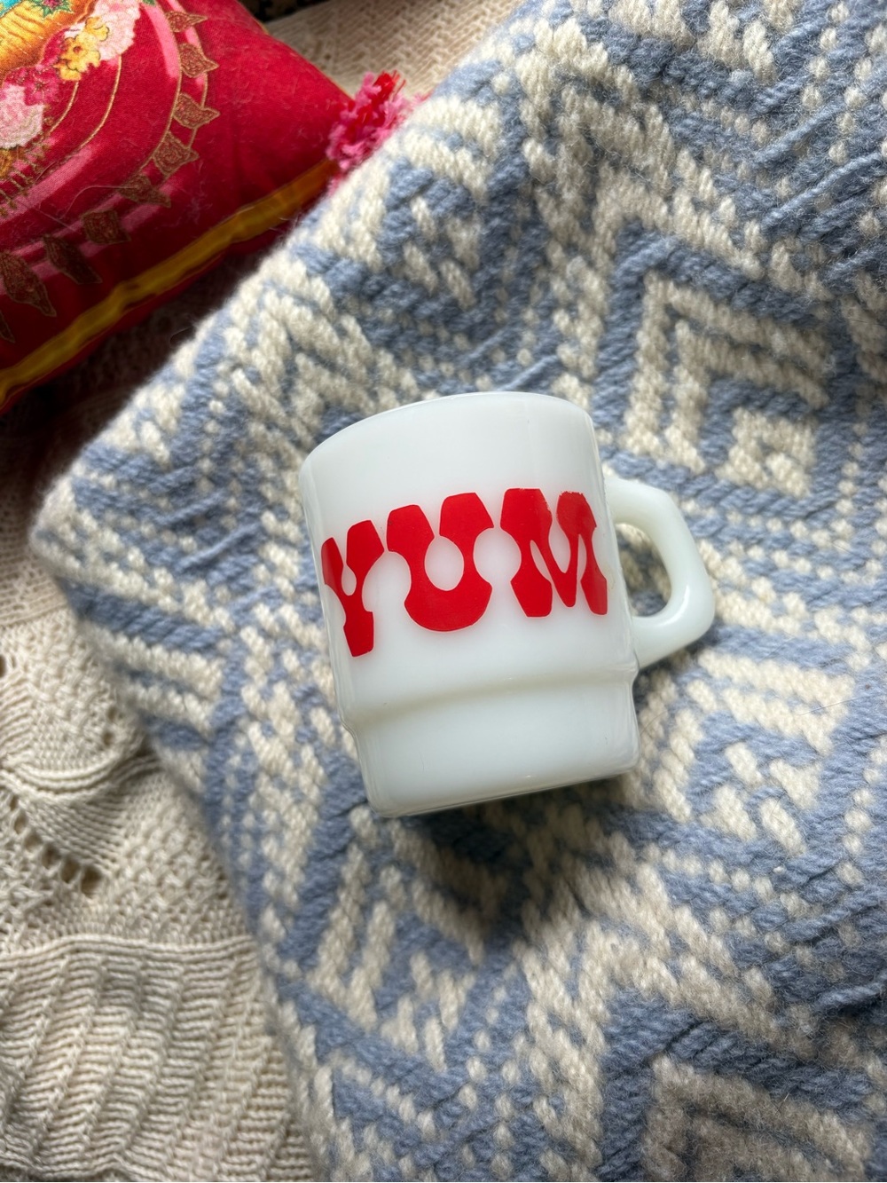 Fire King Milk Glass Mug with Bold Red Graphic